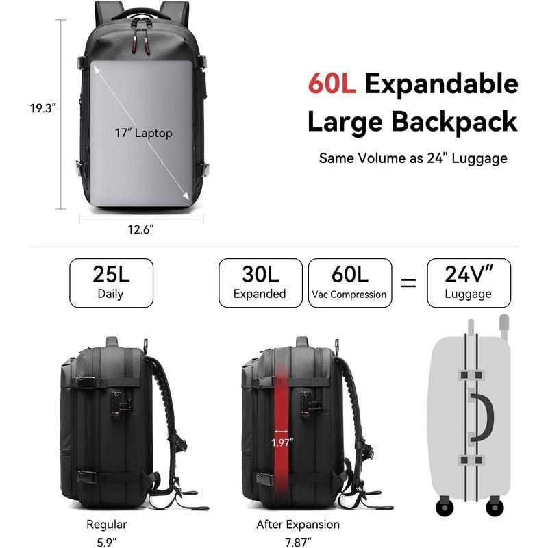 Kabaqoo 60L Airback Vacuum Seal Compression Travel Backpack - Expandable, Waterproof, and TSA Lock with Electric Airpump Included